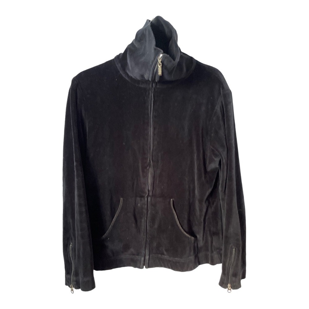 NILS Sportswear Black Velour Track Jacket Mock Neck‎ Full Zip Pockets Women
